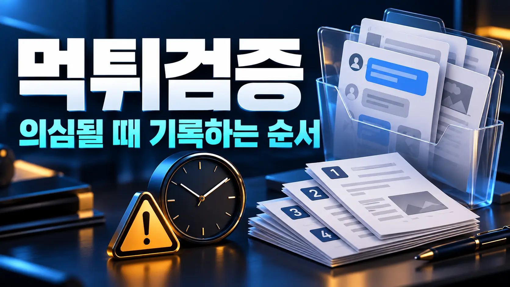 먹튀검증 과정의 기록 보관 순서를 표현한 문서와 시계